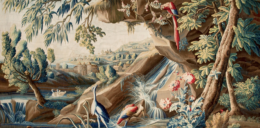 Verdure fine aux armes du comte de Brühl (détail), tapisserie de basse lisse, XVIIIe siècle, atelier De Landriève, Manufacture royale d'Aubusson. 