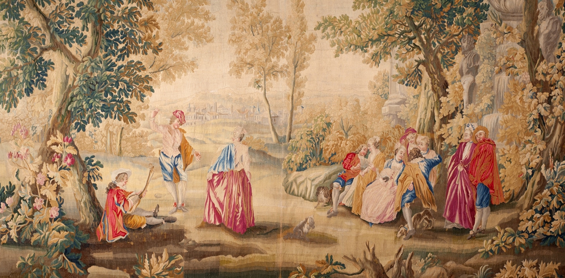Les Plaisirs du bal (détail), pièce d'une tenture de 5 tapisseries d'après Watteau, XVIIIe siècle 