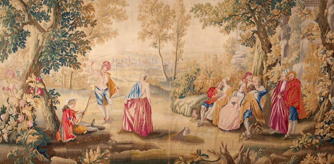 Les Plaisirs du bal (détail), pièce d'une tenture de 5 tapisseries d'après Watteau, ateliers d'Aubusson, XVIIIe siècle