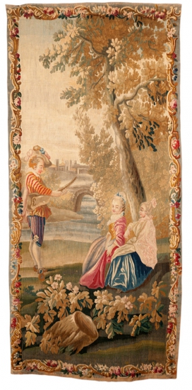 Deux jeunes filles écoutant un musicien, pièce de la tenture d'après Watteau, tapisserie de basse-lisse, XVIIIe siècle